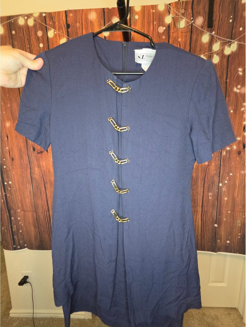 S.L. Fashions Navy Blue Short Sleeve Dress with Gold Accent Clasps Size 8